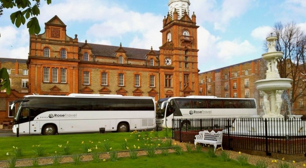Two of Rose Travels large Touring bus & coaches Travelling in Dublin Ireland